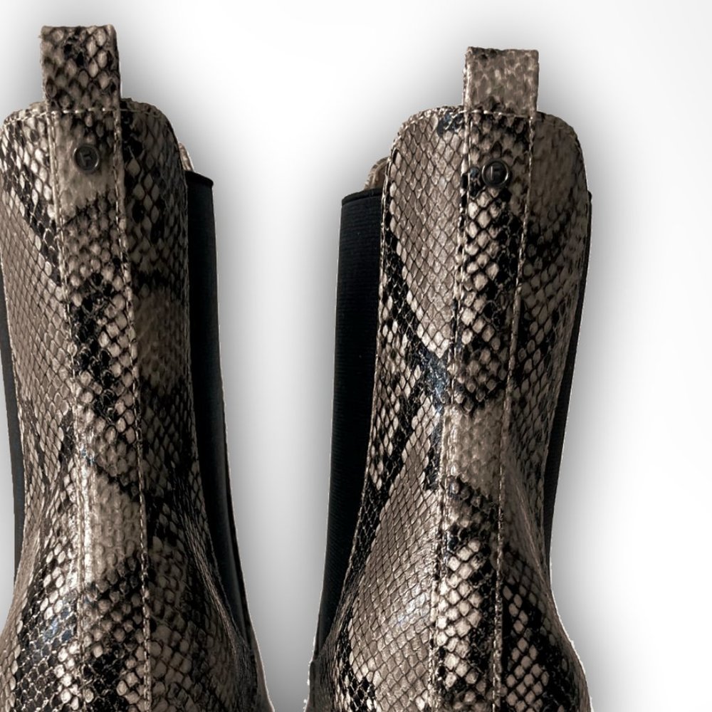 NEW! French Connection Vegan Leather Penny Chelsea Block Heel Boots Snake - Picture 13 of 16